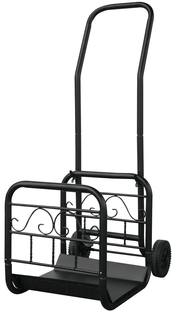 Uniflame W-1058 Large Black Wrought Iron Log Rack with Wheel and Removable Cart