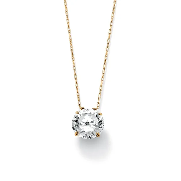 3 TCW Round Cubic Zirconia 10K Gold Solitaire Pendant and Chain 18x22