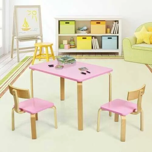 Costway 3 Piece Kids Wooden Activity Table and 2 Chairs Set-Pink