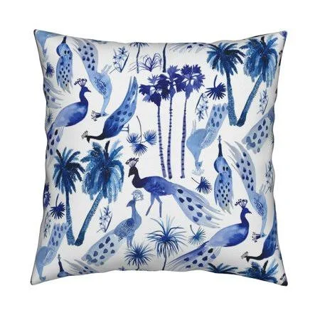 Peacock Indigo Blue Tropical Throw Pillow Cover W Optional Insert by Roostery - Size: Cu003E+ert Add