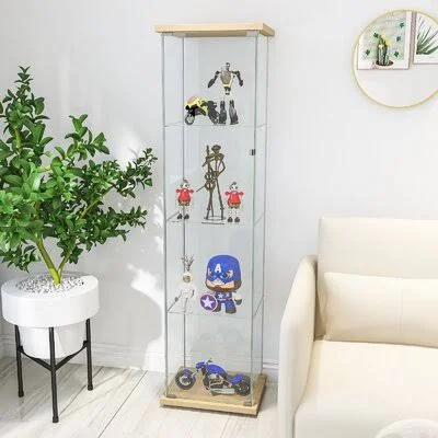 Glass Cabinet Glass Display Cabinet 4 Shelves with DOOR - Floor Standing Curio Bookshelf Latitude Run