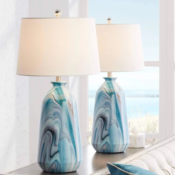 360 Lighting Modern Coastal Table Lamps Set of 2 Swirling Blue Faux Marble White Tapered Drum Shade for Living Room Bedroom Hous