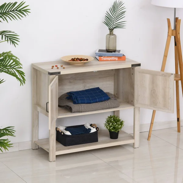HOMCOM 2-Door Free Standing Storage Cabinet with Bottom Shelf - Kitchen Cupboard, Entryway Storage Cabinet - Oak