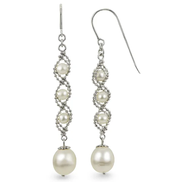PearLustre by Imperial White Sterling Silver Freshwater Pearl Dangle Earrings (8-8.5 mm - 3-3.5 mm) Stg Imperial Lace FWP Drop