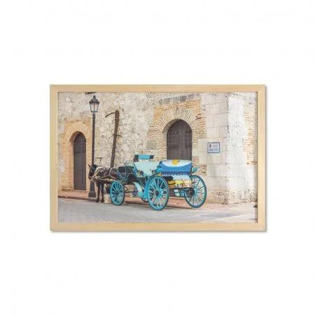 Colorful Wall Art with Frame, Retro Style Horse-Drawn Carriage in Old Street at Santo Domingo Dominican Republic, Printed Fabric