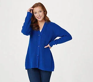 Isaac Mizrahi Live! Shaker Stitch Button Front Peplum Cardigan, Size Medium, Royal Blue