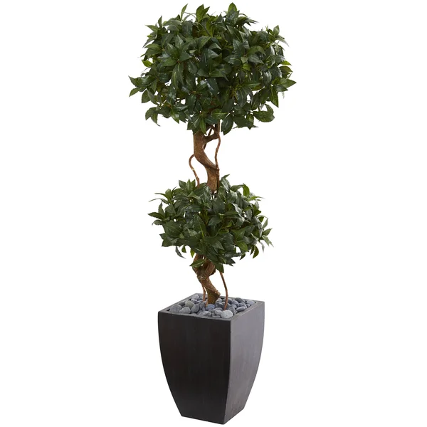 4.5& Sweet Bay Artificial Double Topiary Tree in Black Wash Planter - Nearly Natural