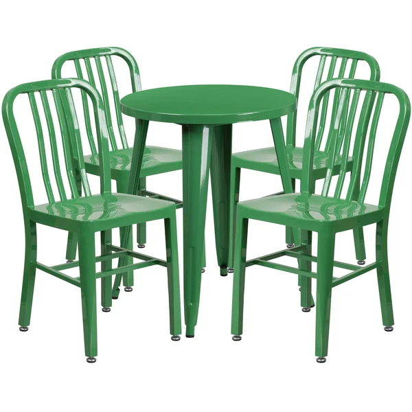 Round Green Metal Indoor-Outdoor Table Set with 4 Vertical Slat Back Chairs