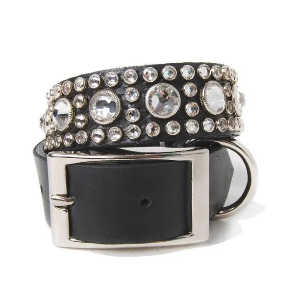 Clear Crystals on Black Leather Dog Collar Size 14T