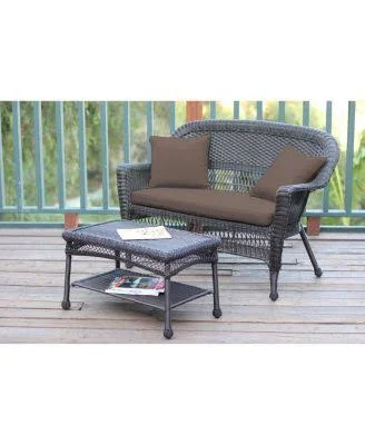 Jeco W00207-LCS007 Black Wicker Patio Love Seat and Coffee Table Set with Brown Cushion
