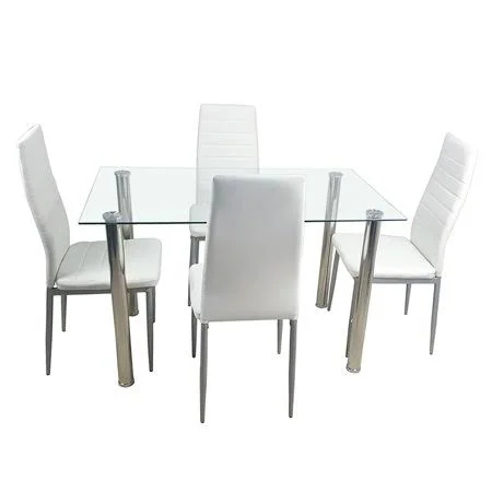 Dinner Table Set Tempered Glass Dining Table with 4pcs Chairs Dining Room Kitchen Furniture, Size: 3 x 27, White