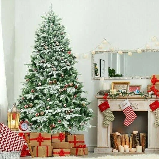 6.5ft Pre-Lit Snow Flocked Hinged Artificial Christmas Tree - Costway