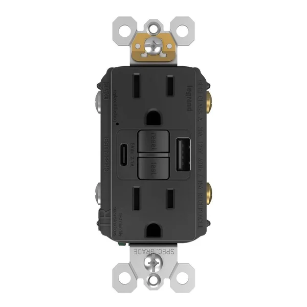 GFCI with Usb-ac Charging Combo Outlet - Tamper Resistant, 15A, Black