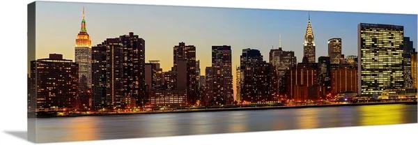 Manhattan Panoramic View with Un from Long Island City at Night - Canvas Wall Art, 48x16, Great Big Canvas